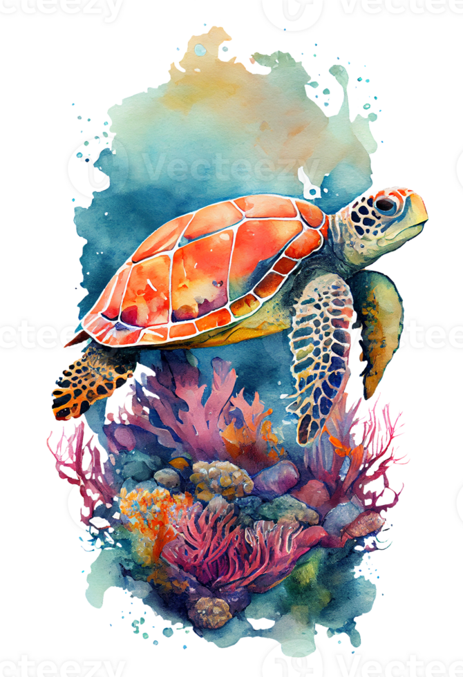 Watercolor of sea turtle, turtle swimming underwater in the ocean, png
