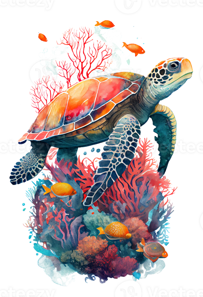 Watercolor of sea turtle, turtle swimming underwater in the ocean, png