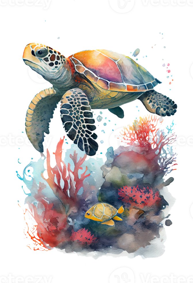 Watercolor of sea turtle, turtle swimming underwater in the ocean, png