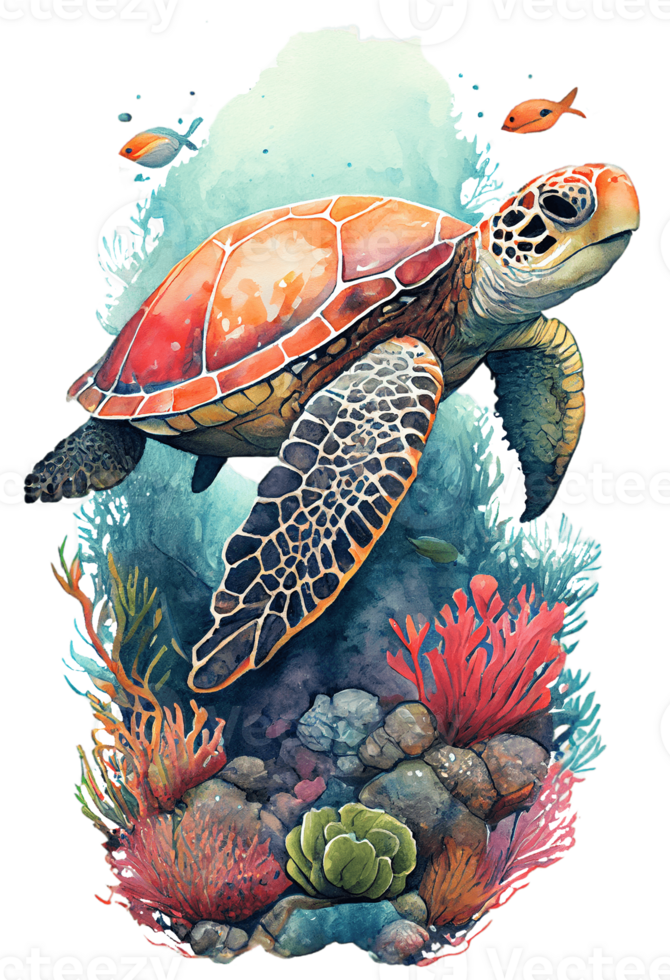 Watercolor of sea turtle, turtle swimming underwater in the ocean, png