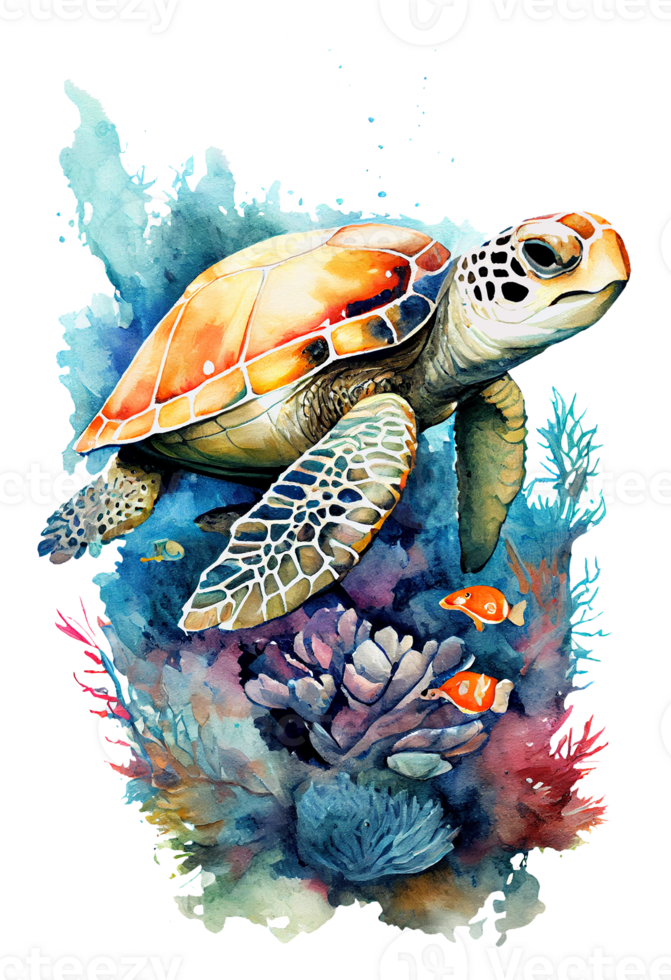 Watercolor of sea turtle, turtle swimming underwater in the ocean, png