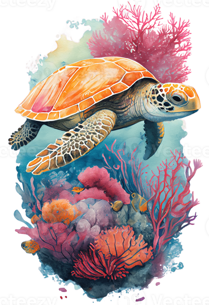 Watercolor of sea turtle, turtle swimming underwater in the ocean, png