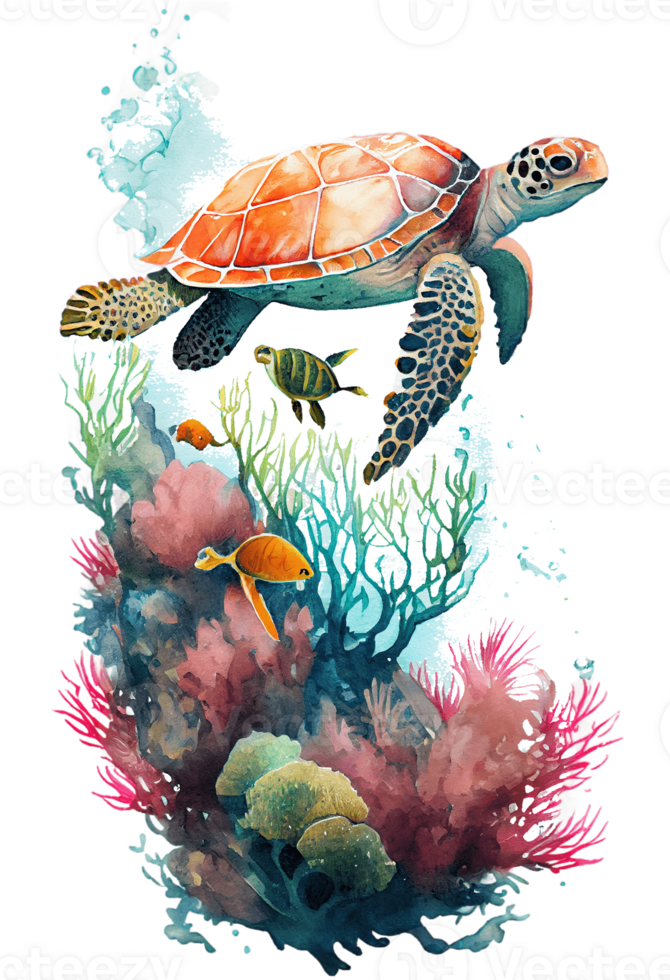 Watercolor of sea turtle, turtle swimming underwater in the ocean, png