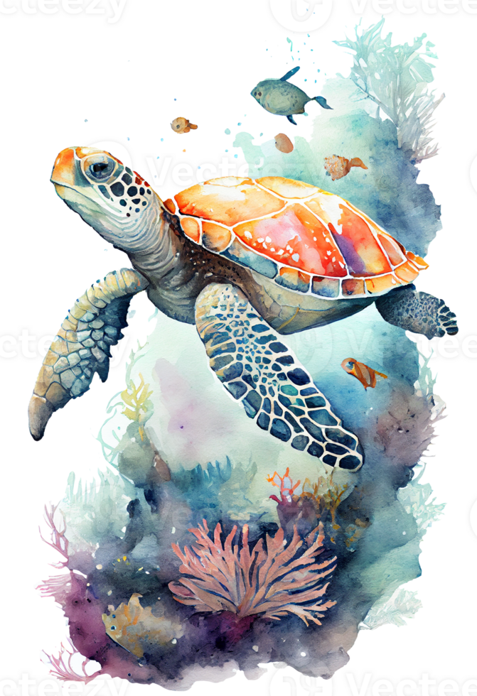 waterverf van zee schildpad, schildpad zwemmen onderwater- in de oceaan, generatief ai png