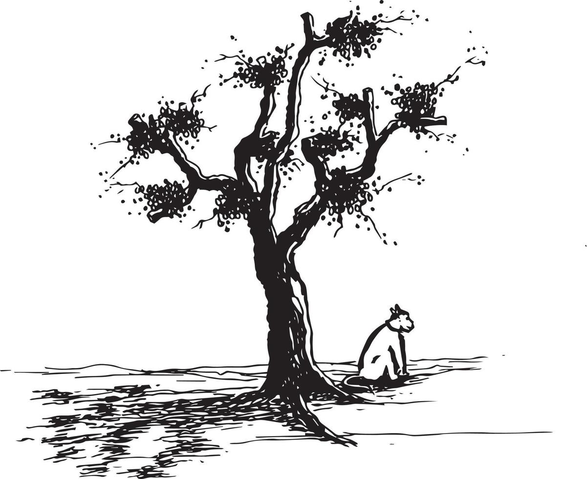 Sketch of a dog sitting under the tree vector