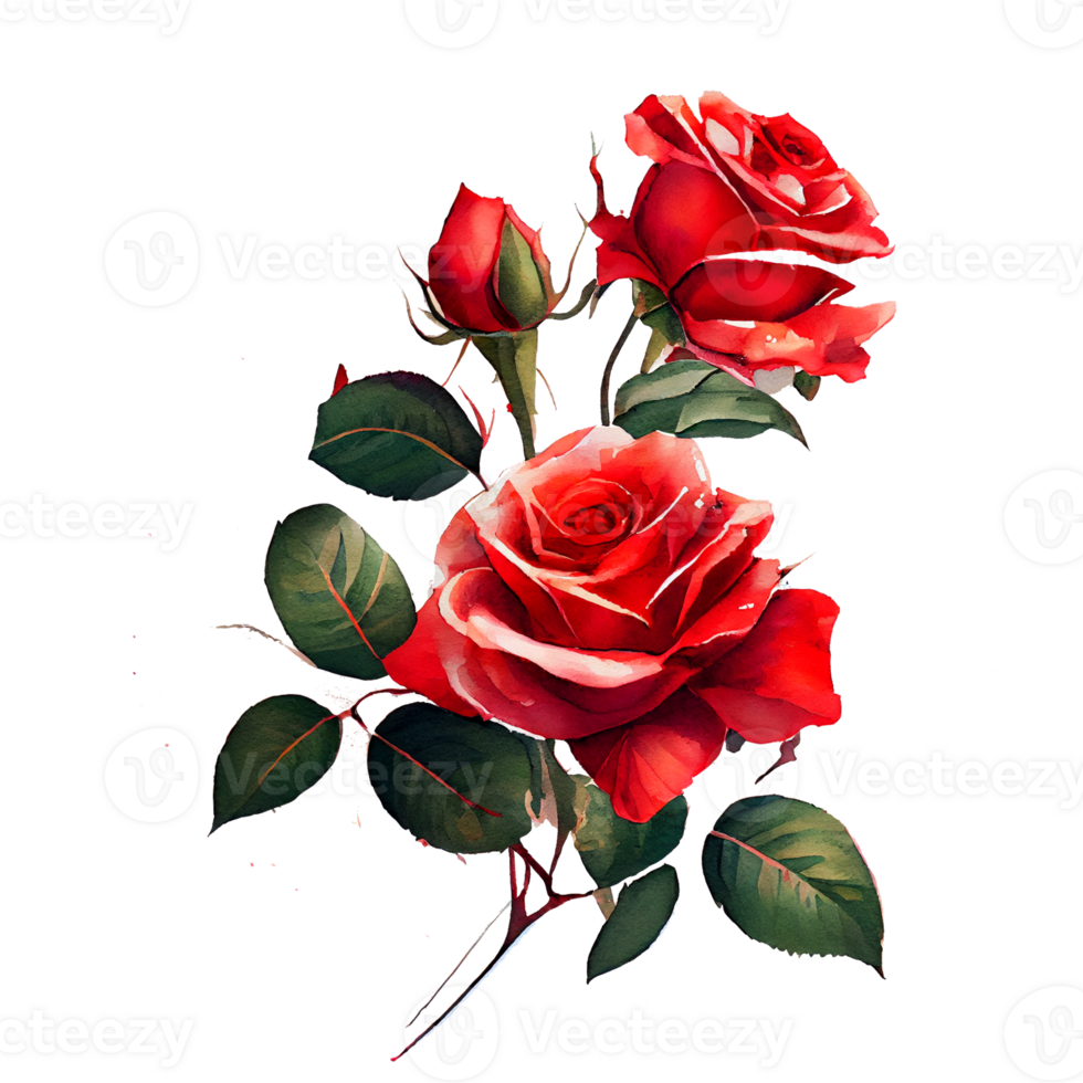 Watercolor floral bouquet composition with red roses, png transparent background, .