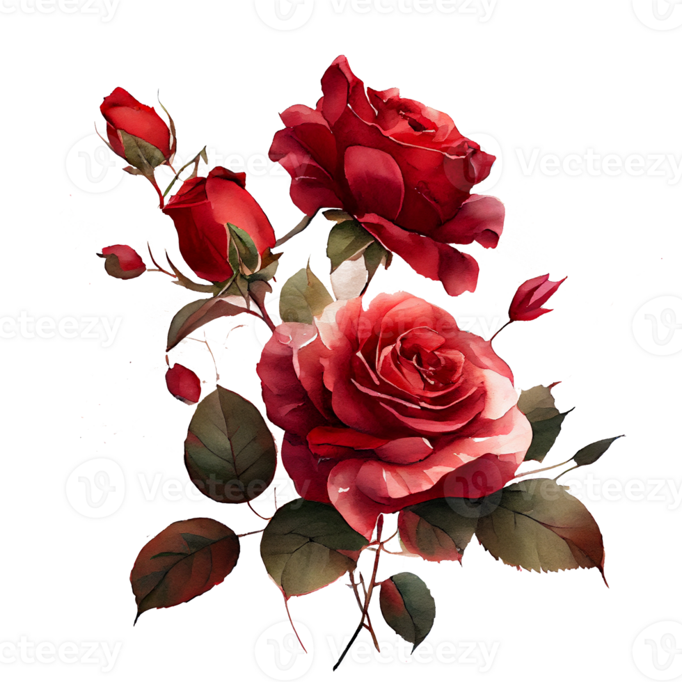 Watercolor floral bouquet composition with red roses, png transparent background, .
