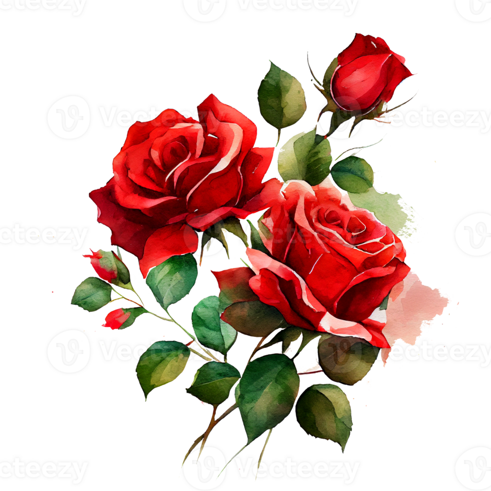 Watercolor floral bouquet composition with red roses, png transparent background, .