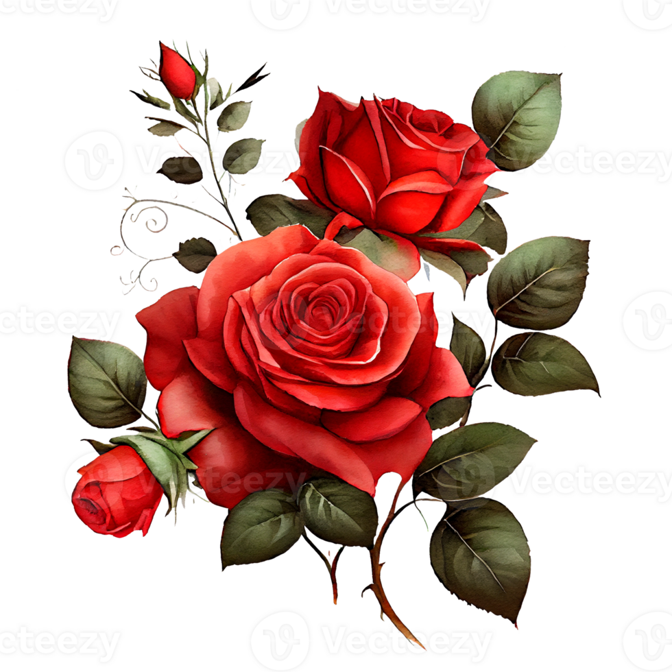 Watercolor floral bouquet composition with red roses, png transparent background, .