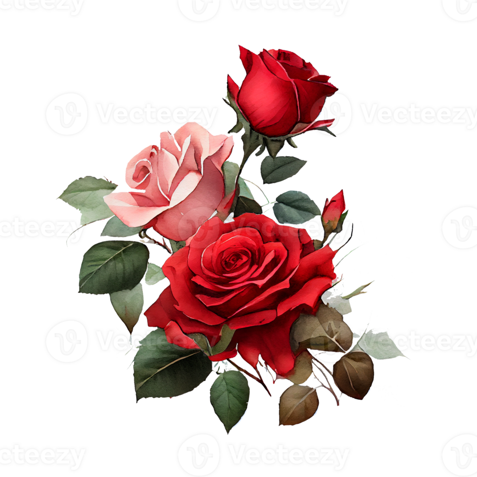 Watercolor floral bouquet composition with red roses, png transparent background, .