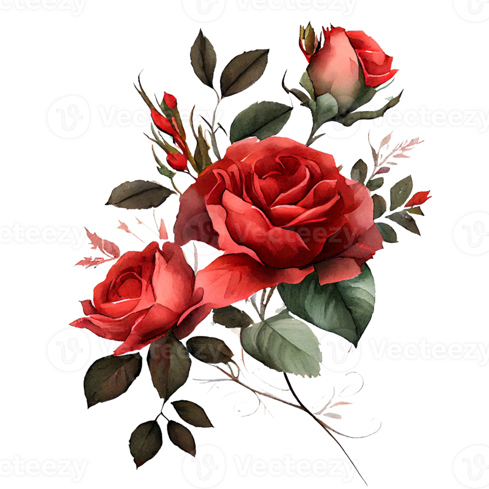 Watercolor floral bouquet composition with red roses, png transparent background, .