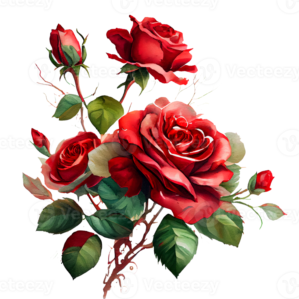 Watercolor floral bouquet composition with red roses, png transparent background, .