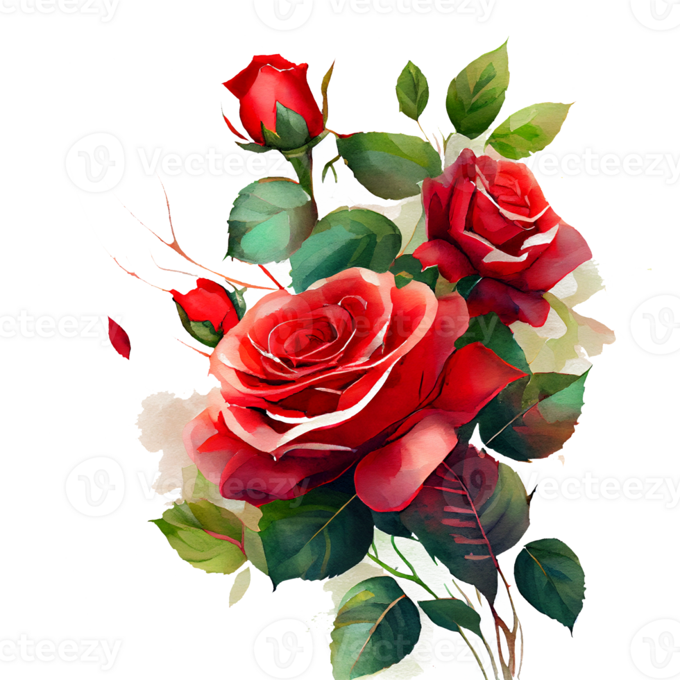 Watercolor floral bouquet composition with red roses, png transparent background, .