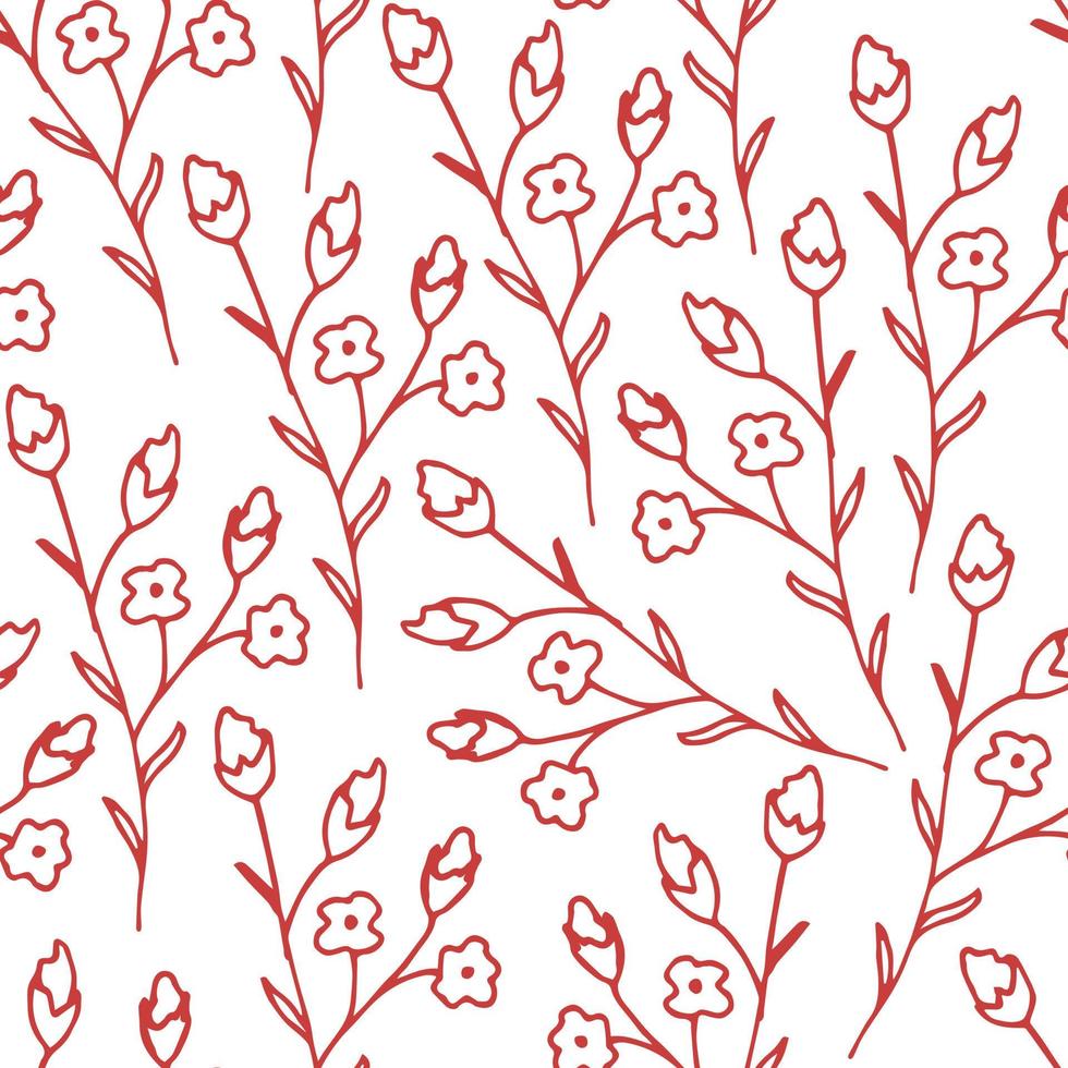 Red contour of twigs, wildflowers on a white background. Simple gentle floral doodle vector seamless pattern. For prints of fabric, textile products, clothing, packaging, wallpaper.