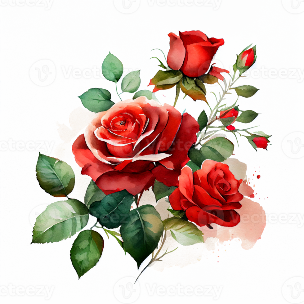 Watercolor floral bouquet composition with red roses, png transparent background, .
