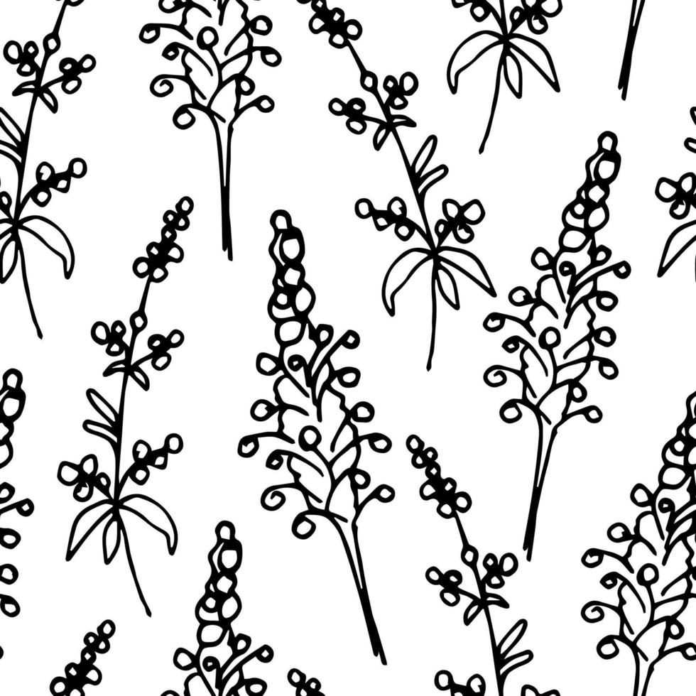 Hand-drawn black outline abstract simple floral vector seamless pattern. Wildflowers, meadow grass on a white background. For the design of vintage fabrics, wallpapers, packaging.