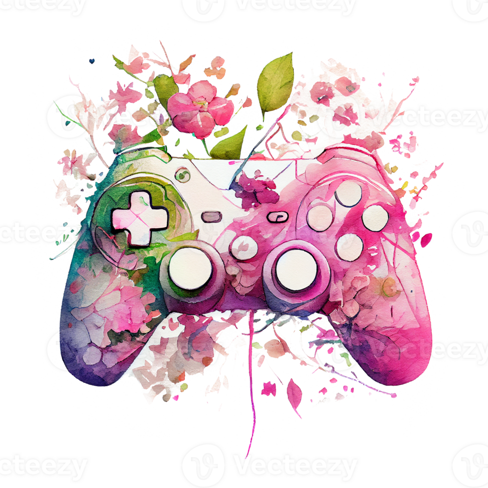 Watercolor game controller with pink flower, Pink joystick holding flowers, lady gamer concept, . png