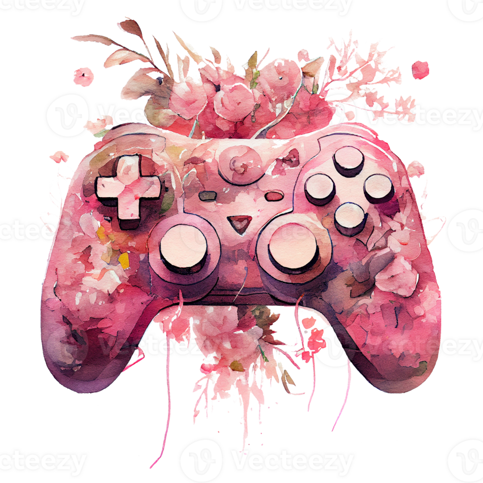 vattenfärg spel kontrollant med rosa blomma, rosa joystick innehav blommor, lady gamer begrepp, generativ ai. png