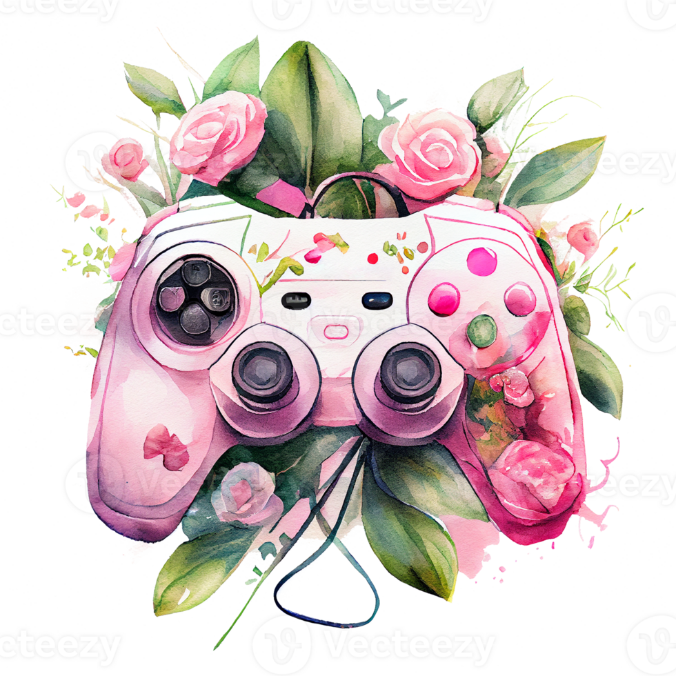 Aquarell Spiel Regler mit Rosa Blume, Rosa Joystick halten Blumen, Dame Spieler Konzept, generativ ai. png