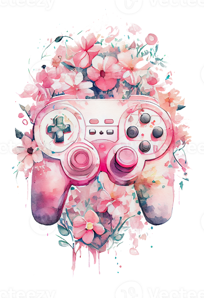 Watercolor game controller with pink flower, Pink joystick holding flowers, lady gamer concept, . png