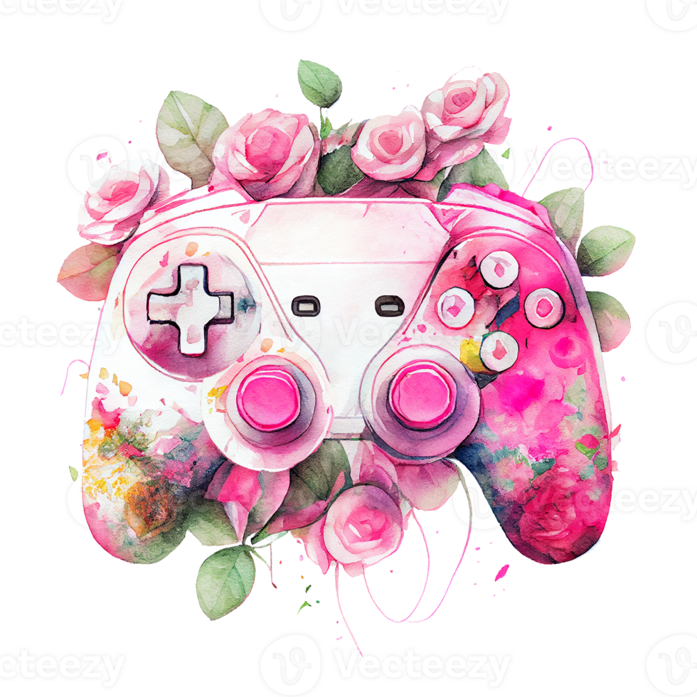 Watercolor game controller with pink flower, Pink joystick holding flowers, lady gamer concept, . png