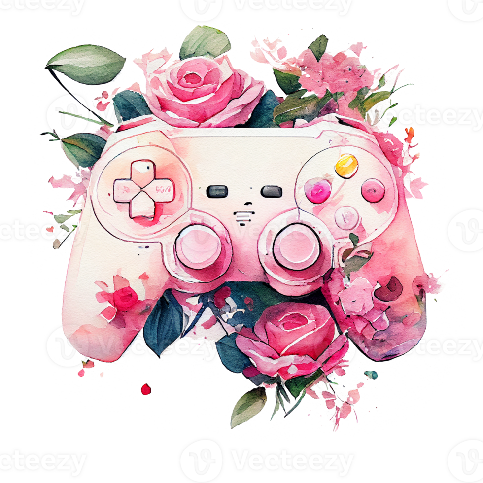 Watercolor game controller with pink flower, Pink joystick holding flowers, lady gamer concept, . png