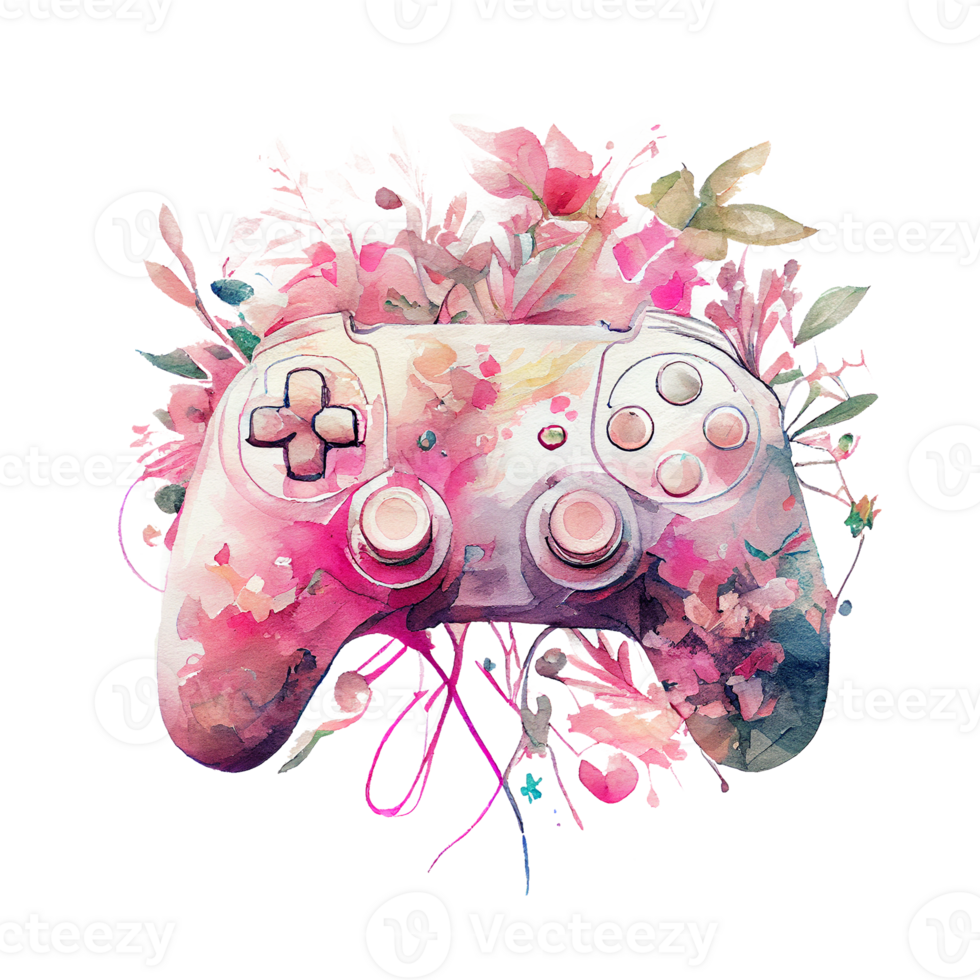 waterverf spel controleur met roze bloem, roze bedieningshendel Holding bloemen, dame gamer concept, generatief ai. png