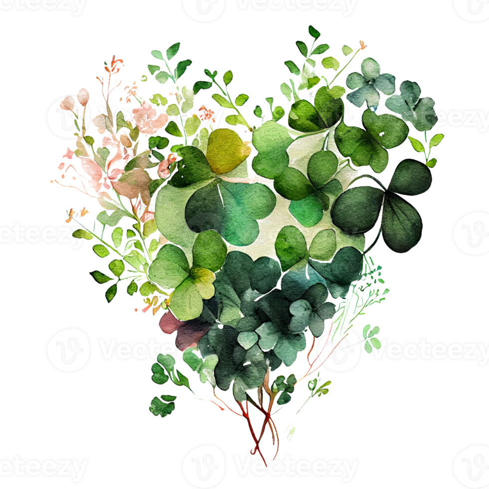 Shamrock leaves in the heart shape, St Patrick's day, Watercolor clover leaves, watercolor spring background, png