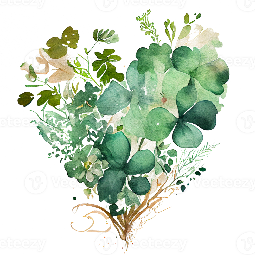 Shamrock leaves in the heart shape, St Patrick's day, Watercolor clover leaves, watercolor spring background, png