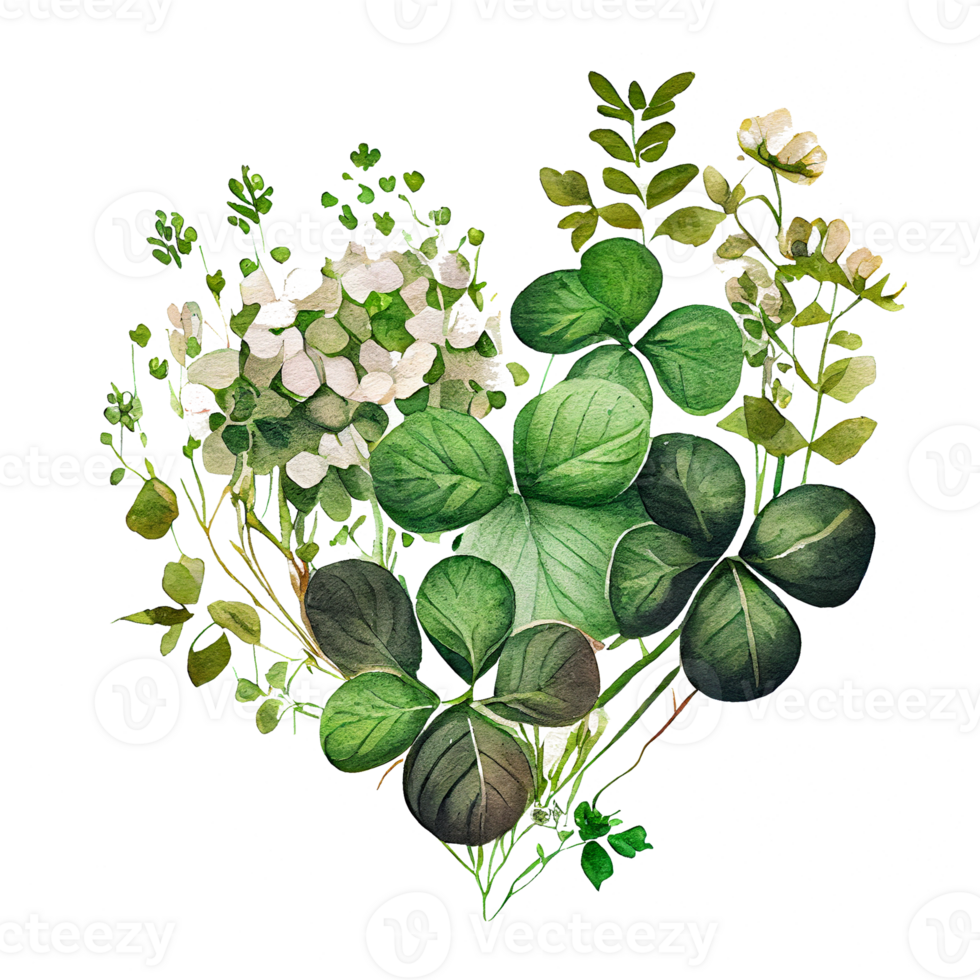 Shamrock leaves in the heart shape, St Patrick's day, Watercolor clover leaves, watercolor spring background, png