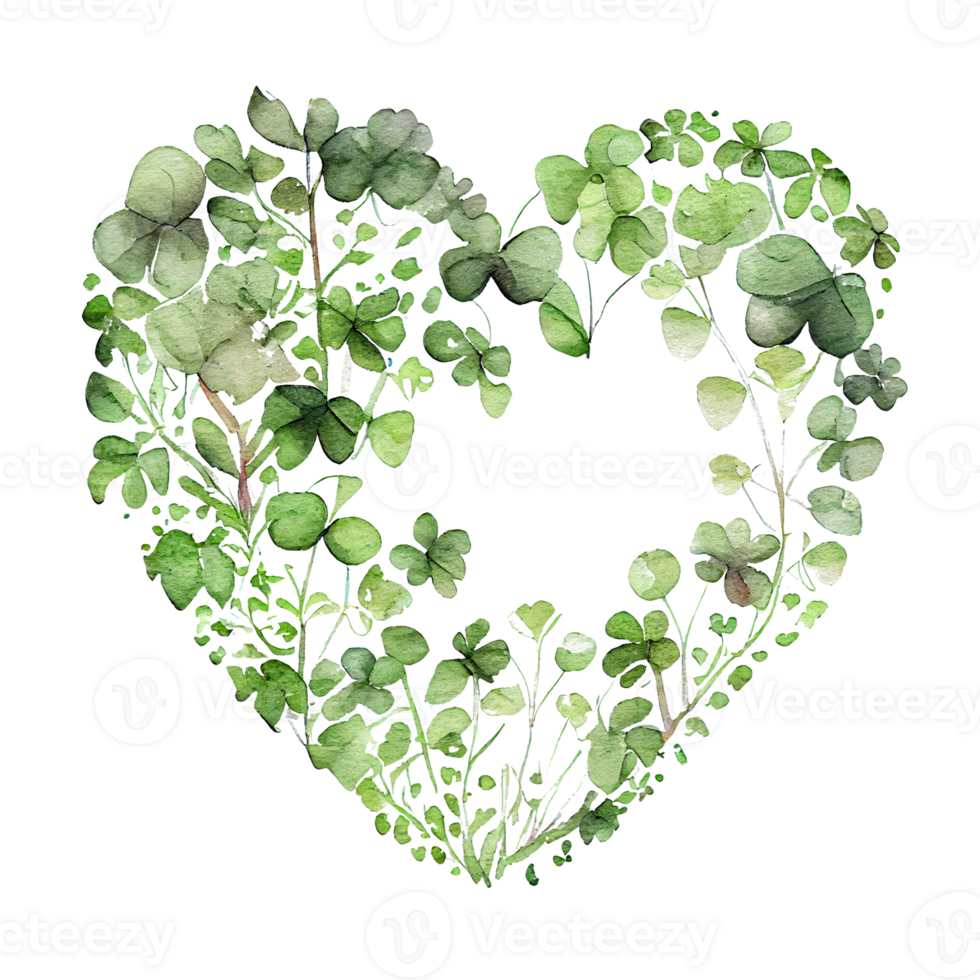 Shamrock leaves in the heart shape, St Patrick's day, Watercolor clover leaves, watercolor spring background, png