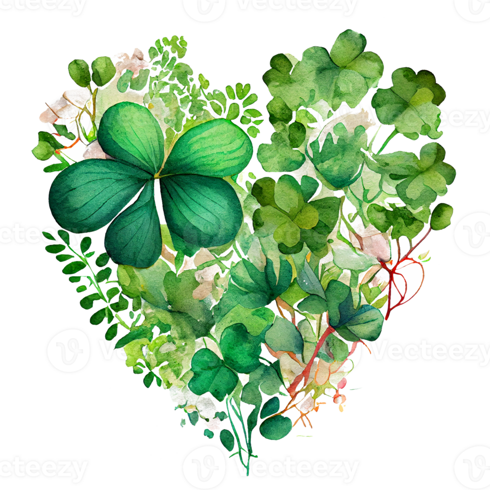 Shamrock leaves in the heart shape, St Patrick's day, Watercolor clover leaves, watercolor spring background, png