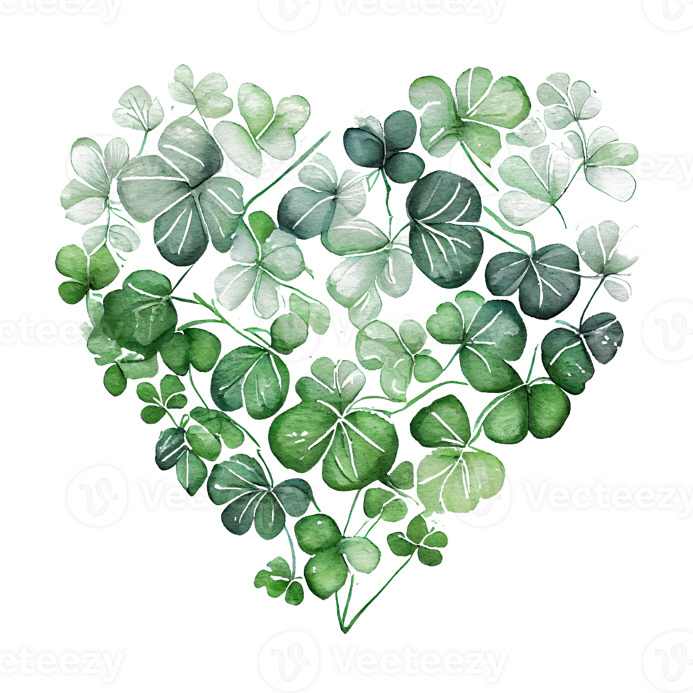 Shamrock leaves in the heart shape, St Patrick's day, Watercolor clover leaves, watercolor spring background, png