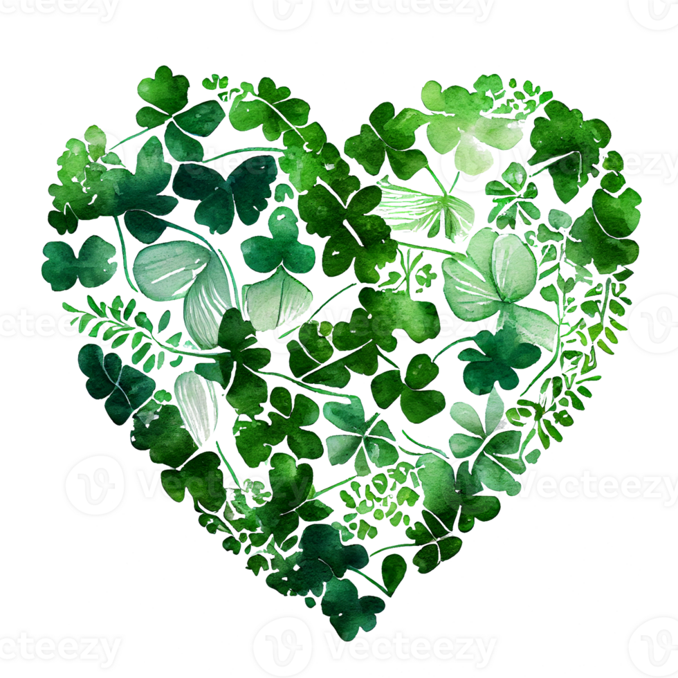 Shamrock leaves in the heart shape, St Patrick's day, Watercolor clover leaves, watercolor spring background, png