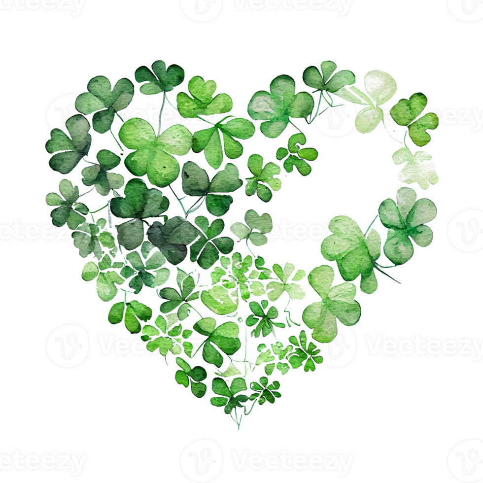 Shamrock leaves in the heart shape, St Patrick's day, Watercolor clover leaves, watercolor spring background, png