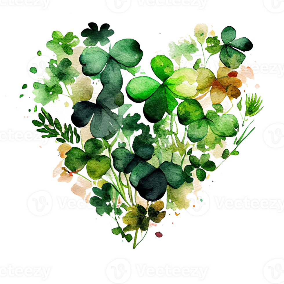 Shamrock leaves in the heart shape, St Patrick's day, Watercolor clover leaves, watercolor spring background, png