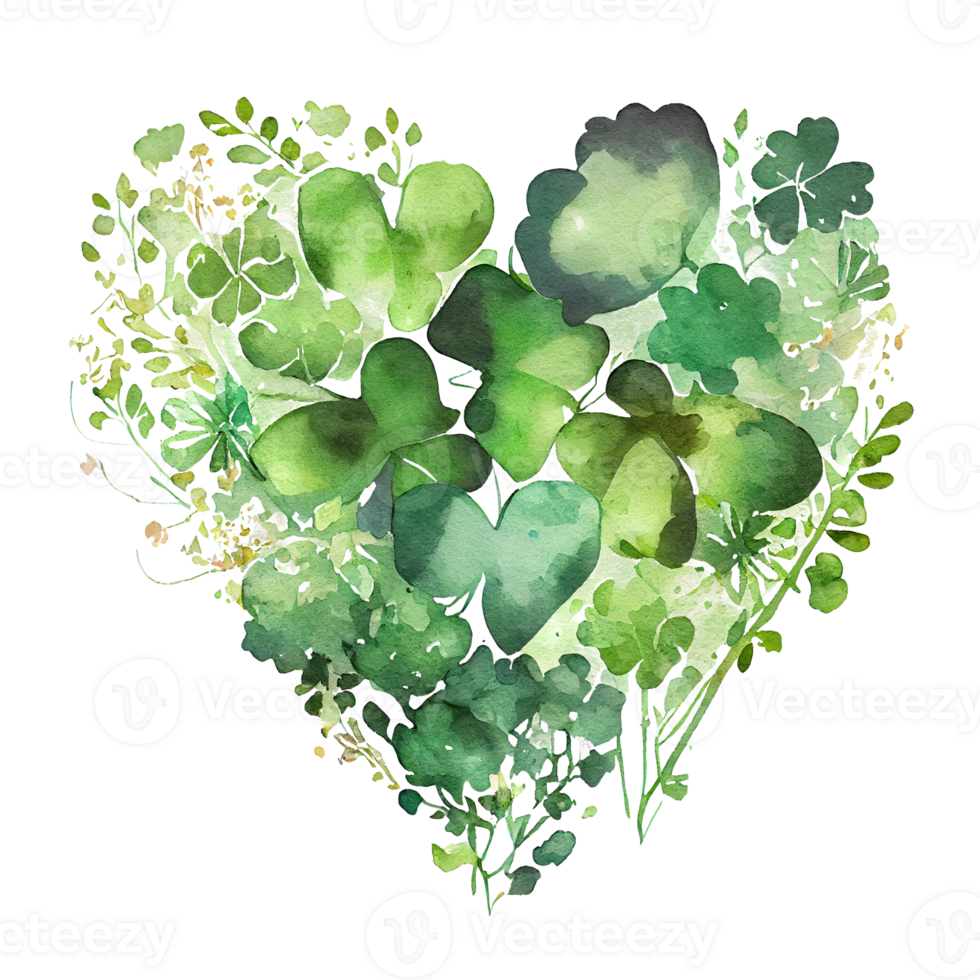 Shamrock leaves in the heart shape, St Patrick's day, Watercolor clover leaves, watercolor spring background, png