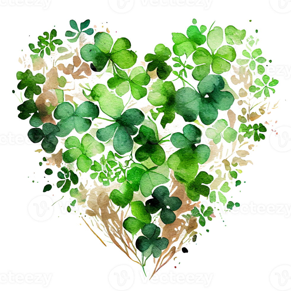 Shamrock leaves in the heart shape, St Patrick's day, Watercolor clover leaves, watercolor spring background, png