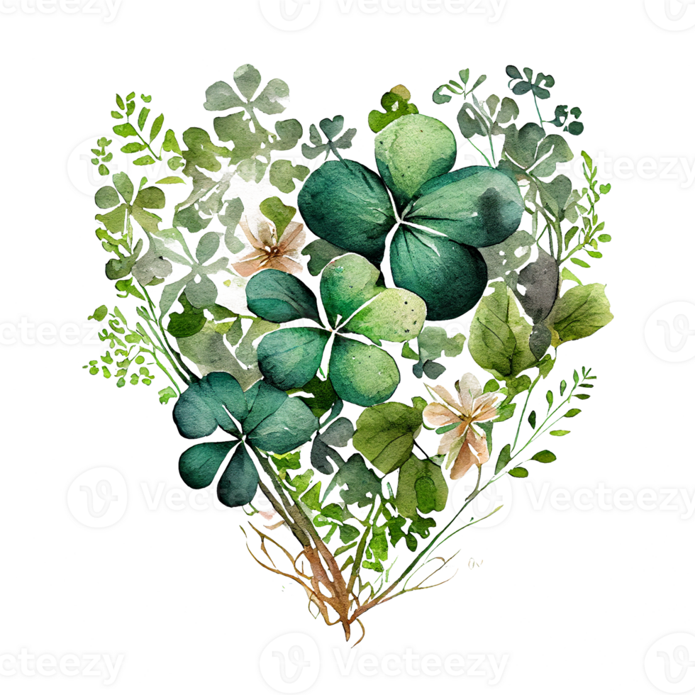 Shamrock leaves in the heart shape, St Patrick's day, Watercolor clover leaves, watercolor spring background, png