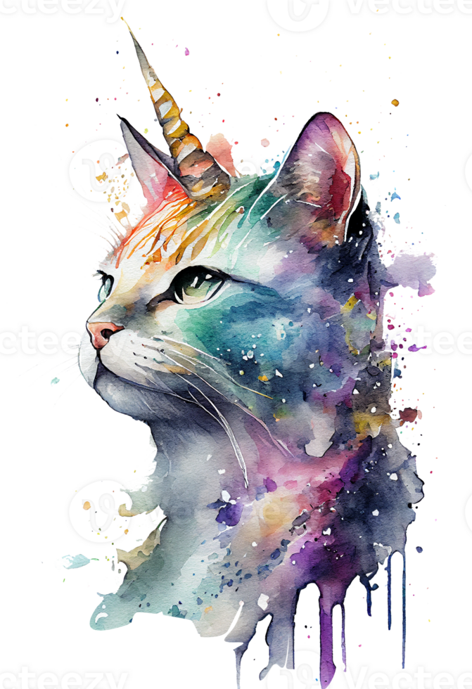 vattenfärg katicorn, meowgical, enhörning katt png, vattenfärg katt png, enhörning png, generativ ai png