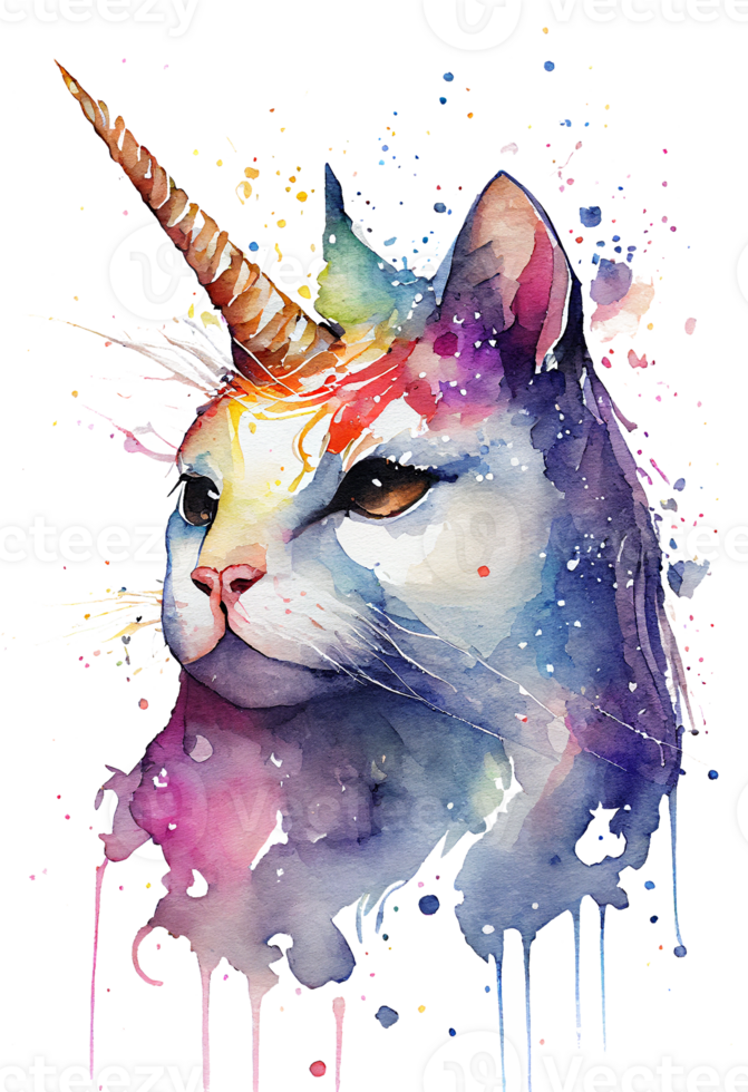 vattenfärg katicorn, meowgical, enhörning katt png, vattenfärg katt png, enhörning png, generativ ai png