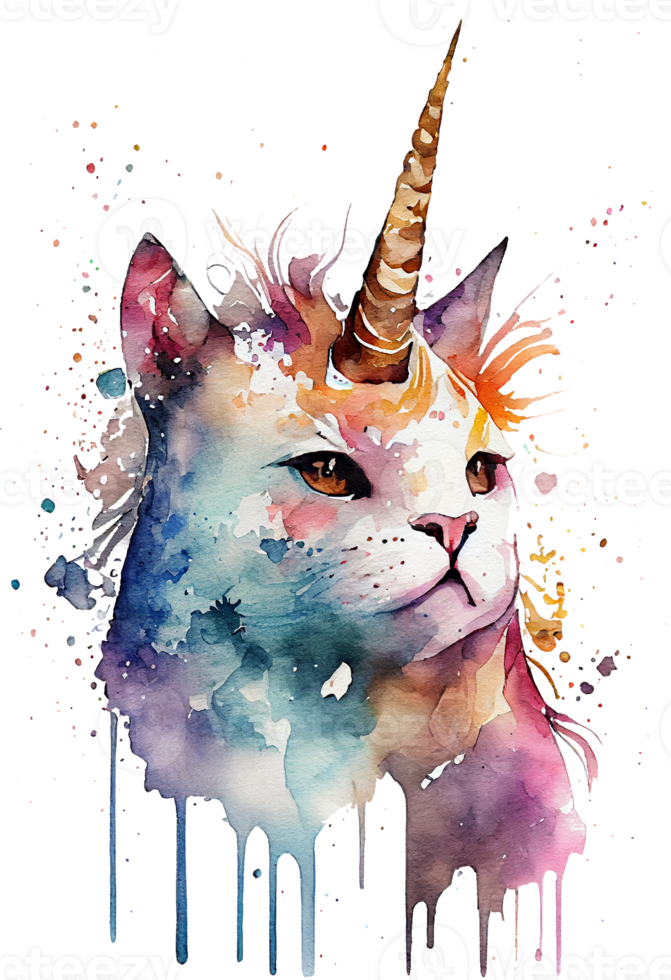 vattenfärg katicorn, meowgical, enhörning katt png, vattenfärg katt png, enhörning png, generativ ai png