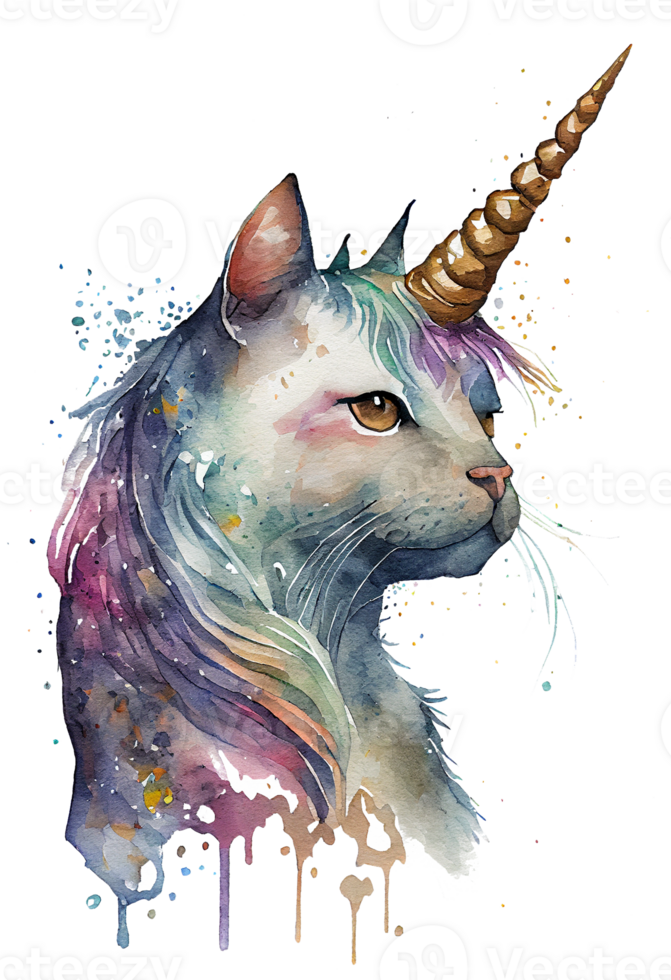 acquerello caticorno, miaogico, unicorno gatto png, acquerello gatto png, unicorno png, generativo ai png