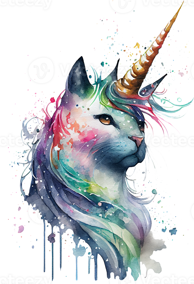 waterverf caticorn, miauwend, eenhoorn kat png, waterverf kat png, eenhoorn png, generatief ai png