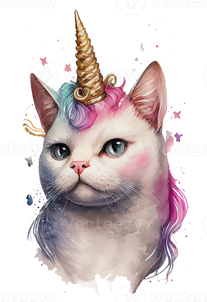 vattenfärg katicorn, meowgical, enhörning katt png, vattenfärg katt png, enhörning png, generativ ai png