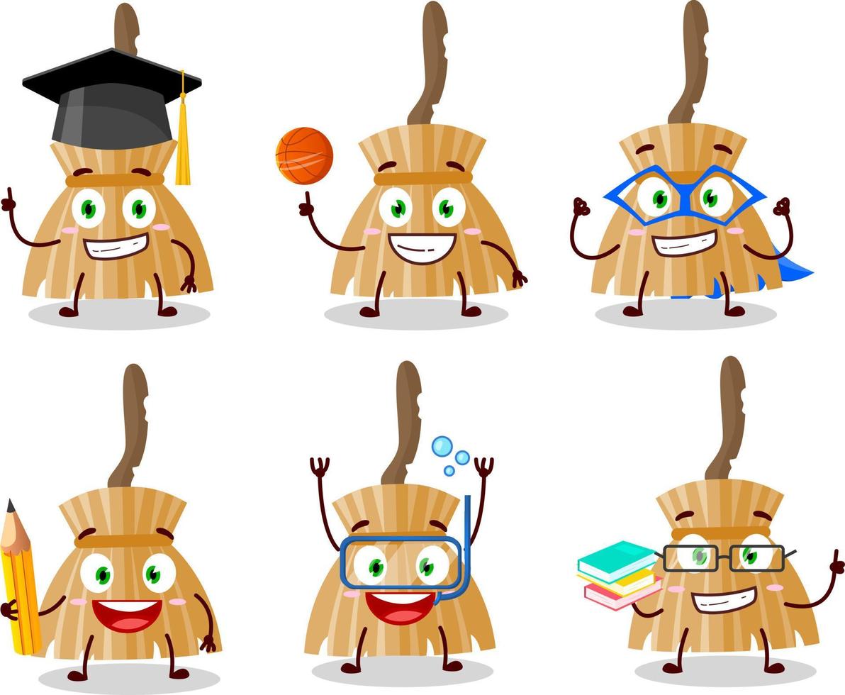 School student of witch broom cartoon character with various expressions vector