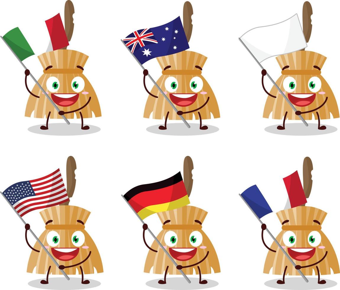 Witch broom cartoon character bring the flags of various countries vector