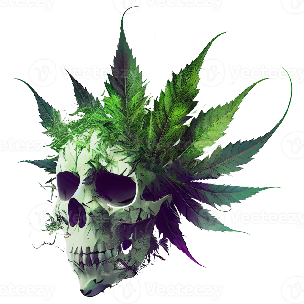 cranio testa con canapa foglie, verde cranio. il male scheletro testa, marijuana cranio, generativo ai. png