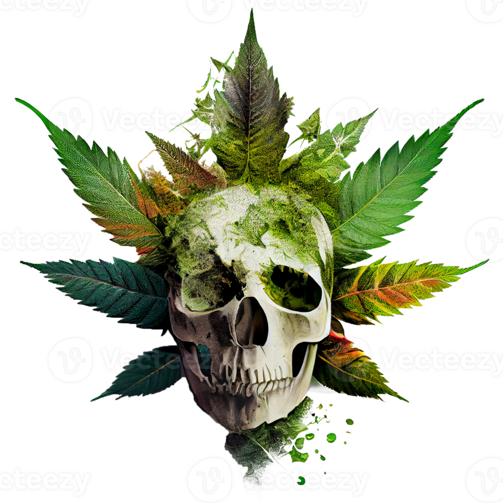 Skull head with cannabis leaves, Green skull. Evil skeleton head, Marijuana skul, . png