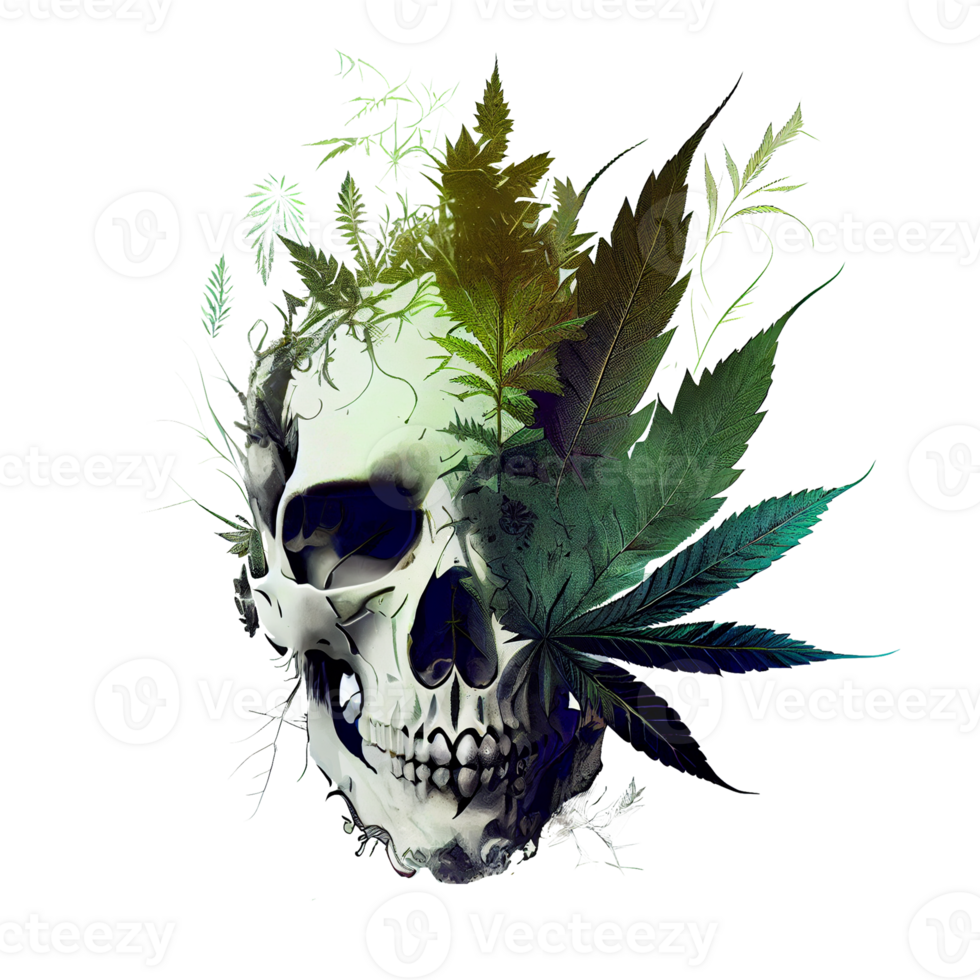 Skull head with cannabis leaves, Green skull. Evil skeleton head, Marijuana skul, . png